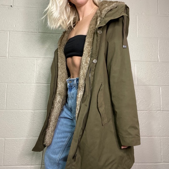 Army Green Long Fur Winter Jacket - Picture 2 of 8